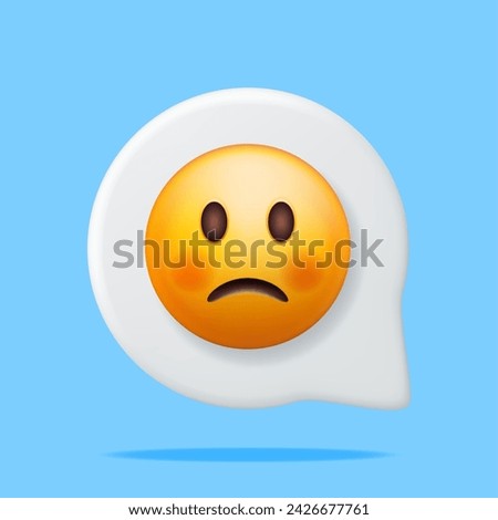 3D Yellow Sad Emoticon in Speech Bubble Isolated. Render Sad Emoji. Slightly Unhappy Face. Communication, Web, Social Network Media, App Button. Realistic Vector Illustration