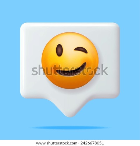 3D Yellow Happy Emoticon with Winking Face on Speech Bubble Isolated. Render Slightly Winking Emoji. Happy Face Simple. Communication, Web, Social Network Media, App Button. Vector Illustration