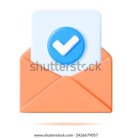 3D Paper Envelope with Approved Document Isolated. Verified and Agreement Concept. Mail Envelope with Approval Check Mark. Verified Documents. Vector Illustration