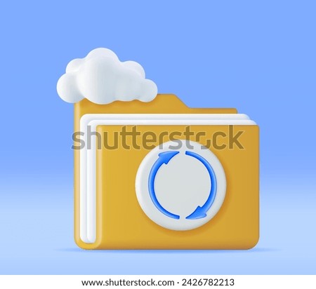 3D Folder in Clouds with File Sync Icon Isolated. Render Computer File Folder with Synchronization Cloud. Data Center, Cloud Storage Concept. Online Backup. Internet Archive. Vector Illustration