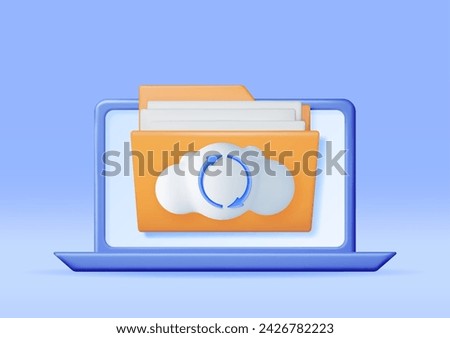 3D Folder in Clouds with File Sync Icon on Laptop. Render Computer File Folder with Synchronization Cloud. Data Center, Cloud Storage Concept. Online Backup. Internet Archive. Vector Illustration