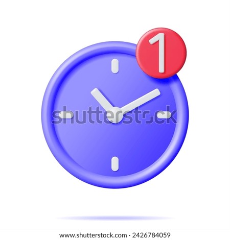3D Round Wall Clock with Notification Icon Isolated. Render Alarm Clock Icon. Measurement of Time, Deadline, Time-Keeping and Time Management Concept. Watch Symbol. Minimal Vector Illustration