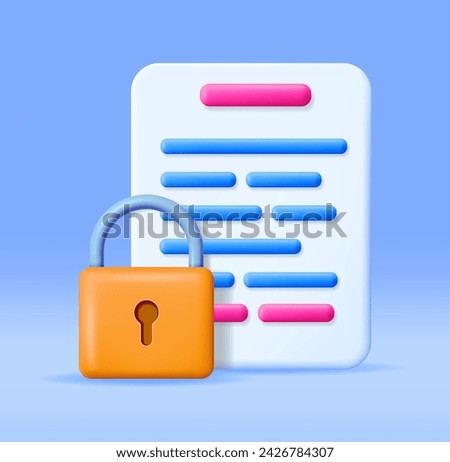3D Document with Padlock Isolated. Render Paper Sheet and Pad Lock. Concept of Business Security, Data Protection and Confidentiality. Safety, Encryption and Privacy. Vector Illustration