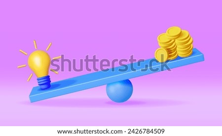 3D Balance Scales with Light Bulb and Money. Render Gold Coins and Idea Bulb. Concept of Creative Idea or Inspiration. Glass Bulb and Funds. Money Coins Stacks. Cartoon Vector Illustration