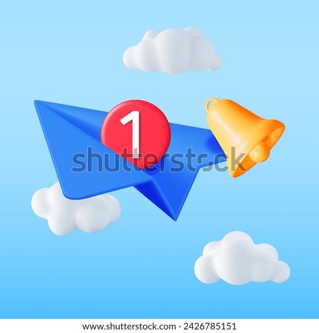 3D Paper Plane with Bell and Notification Message in Clouds. Message Notification Bubble and Airplane. New or Unread Email. Message, Contact, Letter and Document. Vector Illustration