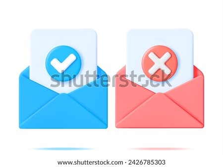 3D Paper Envelope with Tick and Cross Sign Isolated. Approved Document Verified and Agreement Concept. Rejected or Cancelled Email, Decline Message, Spam, Deleted SMS, Unsubscribe. Vector Illustration