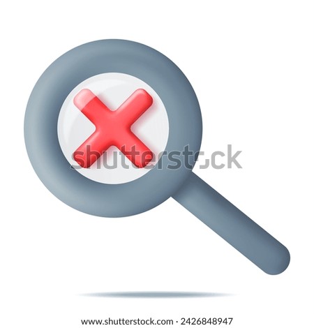 3D Magnifying Glass and Check Mark Isolated. Red Checkmark Tick Represents Rejection. Wrong Choice Concept. Cancel, Error, Stop, Disapprove or Negative Symbol. Vector Illustration