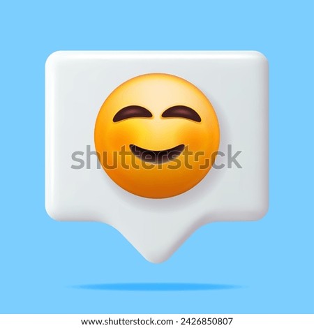 3D Yellow Happy Emoticon Blushing with Smiling Eyes on Speech Bubble. Render Slightly Smiling Emoji. Happy Face Simple. Communication, Web, Social Network Media, App Button. Vector Illustration