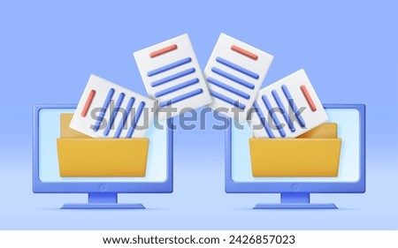 3D Business Folder Full of Papers on Computer. Render Yellow Folder for Correspondence, Concept of File Transfer, Document Migration, Remote Access to Encrypted Documents. Vector Illustration