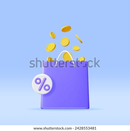 3D Shopping Bag and Golden Coins. Render Realistic Gift Bag. Receiving funds, Sale, Discount or Clearance Concept. Online or Retail Shopping Symbol. Fashion Handbag. Vector Illustration