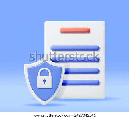 3D Document with Padlock in Shield Isolated. Render Paper Sheet and Pad Lock. Concept of Business Security, Data Protection and Confidentiality. Safety, Encryption and Privacy. Vector Illustration