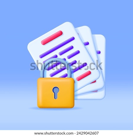3D Document with Padlock Isolated. Render Paper Sheet and Pad Lock. Concept of Business Security, Data Protection and Confidentiality. Safety, Encryption and Privacy. Vector Illustration