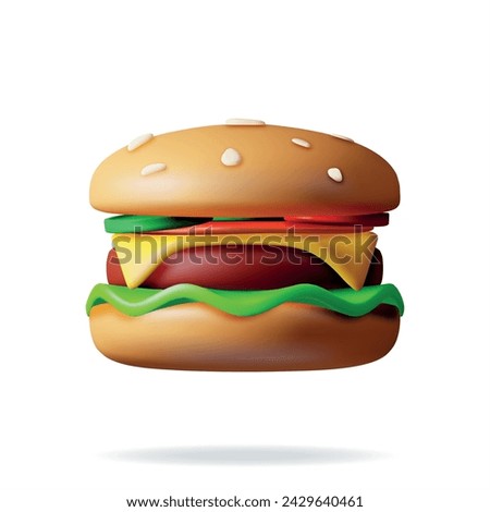 3D Tasty Burger Isolated on White. Render Burger Icon with Salted Cucumber, Salad, Tomato, Cheese, Sauce, Bun with Sesame Seeds and Beef Cutlet. Cheeseburger Fast Food. Realistic Vector Illustration.