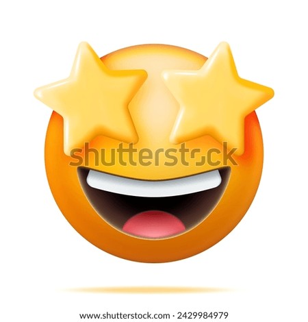 3D Yellow Excited Starry Eyed Emoticon Isolated. Render Laughing Star Shaped Eyes Emoji. Happy Face LOL. Communication, Web, Social Network Media, App Button. Realistic Vector Illustration