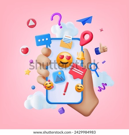 3D Social Media Concept Isolated. Render Smartphone with Colorful Social Network Icon. Chat Bubble, Like Button, Exclamation Question Mark, Notification Bell. Online Communication. Vector Illustration