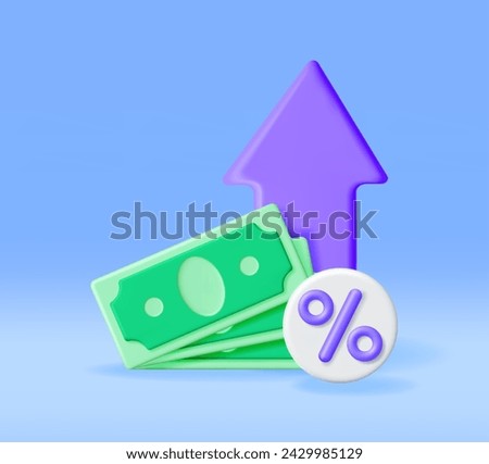 3D Growth Stock Chart Arrow with Dollars. Render Stock Arrow with Money and Percentage Symbol. Financial Item, Business Investment Financial Market Trade. Money and Banking. Vector Illustration