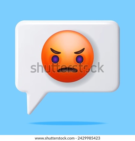 3D Red Angry Emoticon in Chat Bubble Isolated. Render Angry or Sad Emoji. Unhappy Face. Communication, Web, Social Network Media, App Button. Realistic Vector Illustration