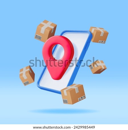 3D Carton Packaging Box with Location Pin in Smartphone. Render Cardboard Package with Cover. Postal Signs of Fragile. Carton Delivery Packaging. Transportation and Logistics. Vector Illustration