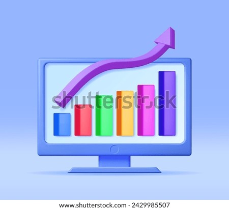 3D Growth Stock Chart and Arrow on Desktop Computer. Render Stock Arrow with Money on Monitor Shows Growth or Success. Financial Item, Business Investment. Money and Banking. Vector Illustration