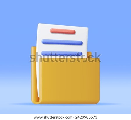 3D Business Folder full of Papers Isolated on White. Render Yellow Folder for Correspondence, File for Paper Documents. Open Folder Icon, Manila Archive Case or Ring Binder. Vector Illustration