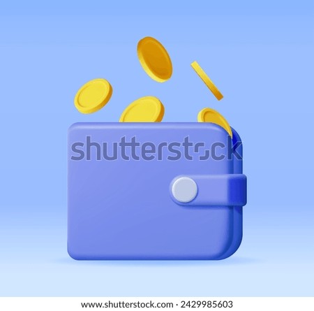 3D Falling Gold Coins and Leather Wallet. Money and Purse. Payment Exchange Concept. Render Golden Coins. Growth, Income, Savings, Investment. Symbol of Wealth. Business Success. Vector illustration.