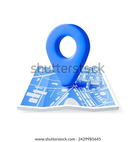 3D Location Folded Paper Map and Pin Isolated. Blue GPS Pointer Marker Icon. GPS and Navigation Symbol. Element for Map, Social Media, Mobile Apps. Realistic Vector Illustration