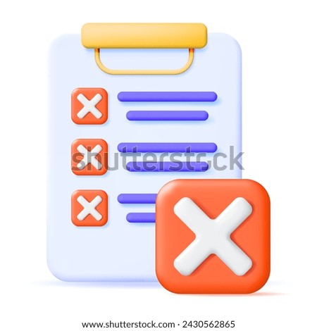 3D Paper Clipboard Holder with Checklist Symbol. Clipboard with Paper Sheet and Red Check Mark Icon. Checkmark Tick Reject. Wrong Choice. Cancel, Error, Stop, Disapprove Symbol. Vector Illustration
