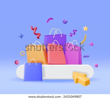 3D Shopping Bag Set Isolated. Render Collection Realistic Gift Bag. Sale, Discount or Clearance Concept. Online or Retail Shopping Symbol. Fashion Handbag. Vector Illustration