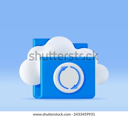 3D Folder in Clouds with File Sync Icon Isolated. Render Computer File Folder with Synchronization Cloud. Data Center, Cloud Storage Concept. Online Backup. Internet Archive. Vector Illustration