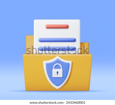 3D Document Folder with Padlock in Shield Isolated. Render Folder and Pad Lock. Concept of Business Security, Data Protection and Confidentiality. Safety, Encryption and Privacy. Vector Illustration