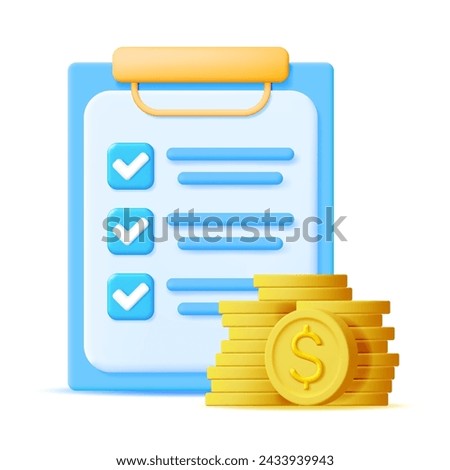 3D Checklist on Clipboard Paper with Gold Coins Isolated. Successfully Complete Business Assignments. Completion of Business Tasks. Render Money Assessment Check List. Vector Illustration