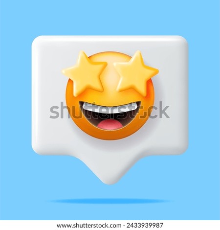 3D Yellow Excited Starry Eyed Emoticon in Chat Bubble Isolated. Render Laughing Star Shaped Eyes Emoji. Happy Face LOL. Communication, Web, Social Network Media, App. Realistic Vector Illustration