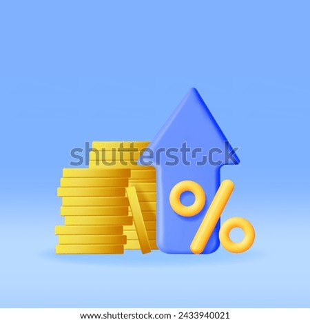 3D Growth Stock Chart Arrow with Golden Coins. Render Stock Arrow with Money and Percentage Symbol. Financial Item, Business Investment Financial Market Trade. Money and Banking. Vector Illustration