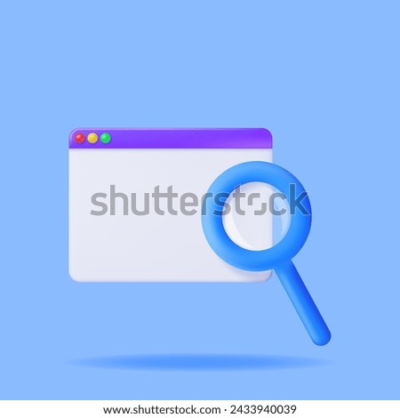 3D Browser Window and Magnifying Glass Isolated. Render Web Page GUI with Zoom Lens. Browser or Operating System Search. Web Page or Internet Searching Tools Concept. Vector Illustration