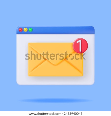 3D Mail Envelope with Document and Notification New Message Isolated. Paper Letter Icon with Notification Red Bubble. New or Unread Email. Message, Contact, Letter and Document. Vector Illustration