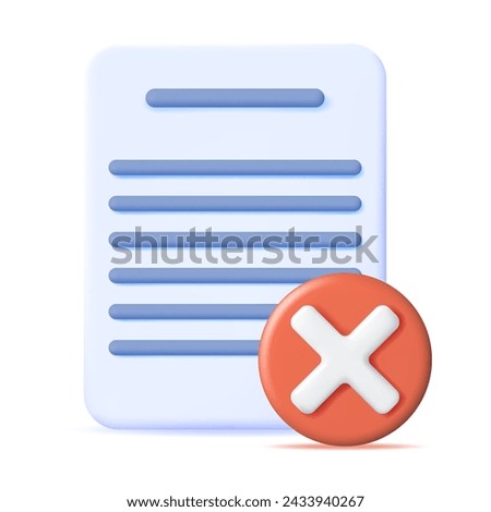 3D Paper Blank with Checklist Symbol. Paper Sheet and Red Check Mark Icon. Checkmark Tick Reject. Wrong Choice. Cancel, Error, Stop, Disapprove Symbol. Vector Illustration