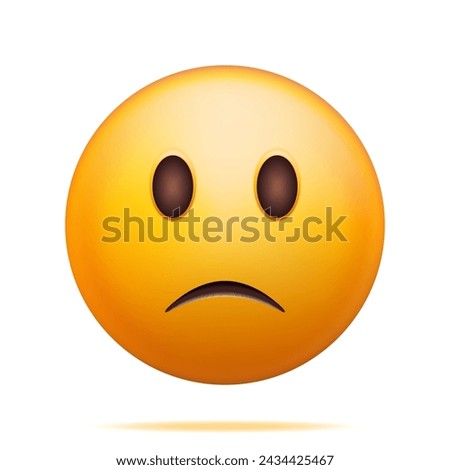 3D Yellow Sad Emoticon Isolated on White. Render Little Bit Sad Emoji. Slightly Unhappy Face. Communication, Web, Social Network Media, App Button. Realistic Vector Illustration