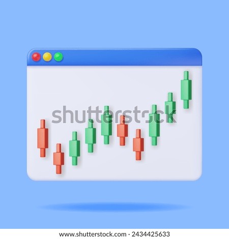 3D Growth Stock Diagram in Window Isolated. Render Stock Candle Shows Growth or Success. Financial Item, Business Investment, Financial Market Trade. Money and Banking. Vector Illustration