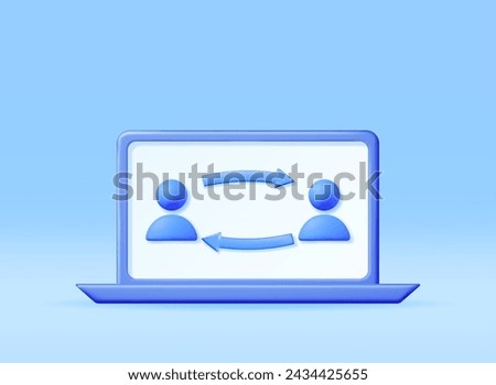 3D User Sync or Switch Symbol in Laptop. Render User Exchange, Synchronization or File Transfer. User Profile with Arrows Icon. Employee Replacement or People Swap Position. Vector illustration