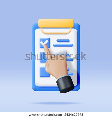 3D Paper Clipboard with Checklist Symbol and Hand. Render Clipboard with Paper Sheet and Check Mark Icon. 3D Work Project Plan, Productivity Checklist. Task Management To Do List. Vector Illustration