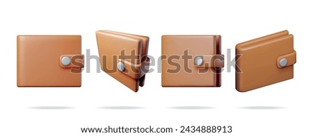 3D Leather Wallet from Different Angles Collection. Render Purse Icon with Clasp Set. Modern Finance Accessory for Money Cash and Bank Card. Storing and Carrying Banknotes Coins. Vector Illustration