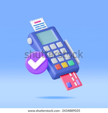 3D Payment Terminal with Card and Receipt Isolated. Render Modern POS Bank Payment Device. Payment NFC Keypad Machine. Credit Debit Card Reader. Contactless Payment Transaction Vector illustration