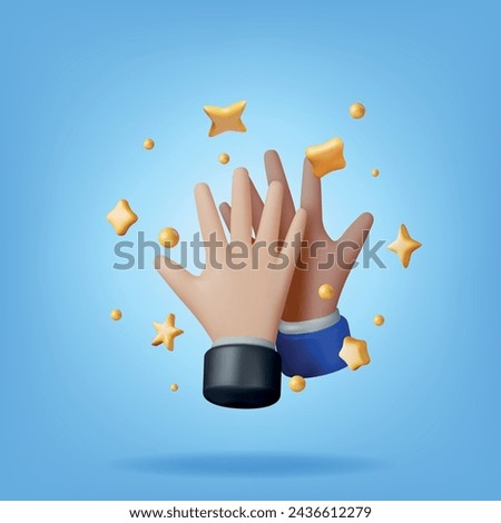 3d High Five Hands with Confetti Isolated. Render Hand Greeting Symbol. Human Fist in Goodwill Gesture. Emoji Icon. Open Palm Hand. Colleagues or Friends. Cartoon Character Sign. Vector Illustration