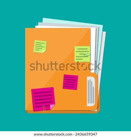 Orange documents folder with paper sheets and sticky notes. Vector illustration in flat style