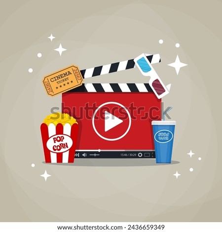 Online home cinema concept. cinema clapperboard with running online video player, soda water in glass, popcorn and 3d stereo glasses, retro cinema ticket. vector illustration in flat style.