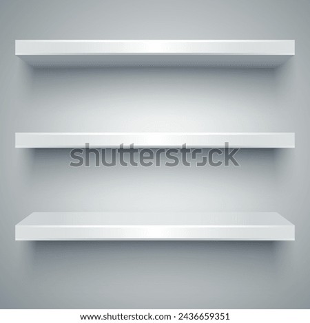 Three empty white plastic shelves with shadows on grey light background. vector illustration