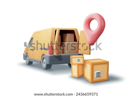 3D Delivery Van and Cardboard Boxes Isolated on White. Render Express Delivering Services Commercial Truck. Concept of Fast and Free Delivery by Car. Cargo and Logistic. Realistic Vector Illustration