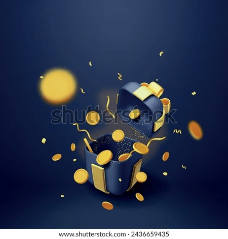 3D Black Open Gift Box Full of Gold Coins Isolated. Render Giftbox in Confetti and Golden Coins Money. Concept of Loyalty Program, Casino or Online Games Bonus. Money Prize Reward. Vector Illustration