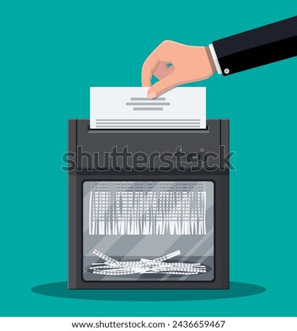 Shredder machine and hand with document paper. Office device for destruction of documents. Vector illustration in flat style