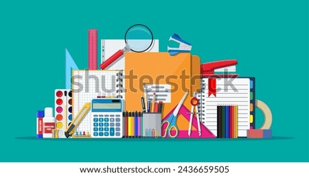 Stationery set icons. Book, notebook, ruler, knife, folder, pencil, pen, calculator, scissors, paint tape file Office supply school Office and education equipment Vector illustration flat style